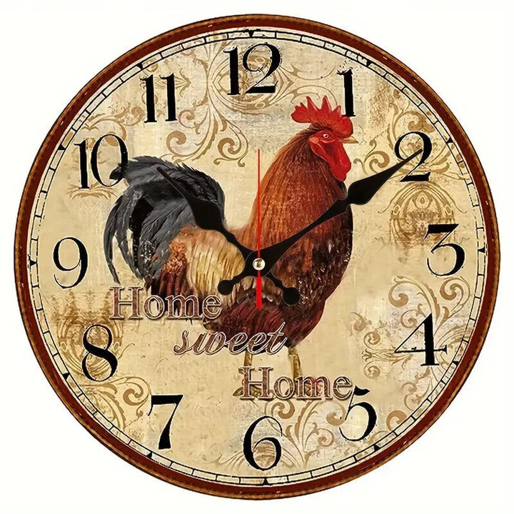 12 Inch Rustic Rooster Home Sweet Home Silent Easy to Read Wall Clock NEW!  Cozy Home Treasures   