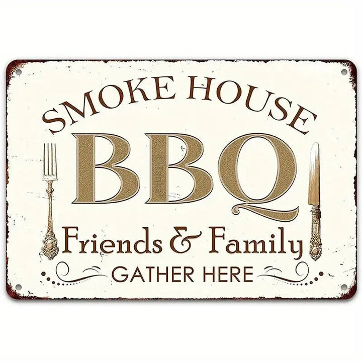 Smoke House BBQ Friends & Family Gather Here Vintage Novelty 8" x 12" Metal Sign Home & Garden:Home Décor:Plaques & Signs Cozy Home Treasures   