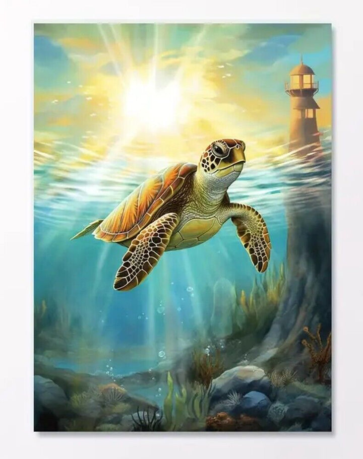 Sea Turtle In The Sunlight With Lighthouse Canvas Print Framed 12" x 16" NEW! Home & Garden:Home Décor:Posters & Prints Cozy Home Treasures   