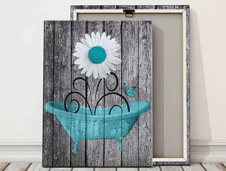 Vibrant Blue & White Flower In A Bathtub Vibrant Canvas Print Framed 12" x 16" Home & Garden:Home Décor:Posters & Prints Cozy Home Treasures   