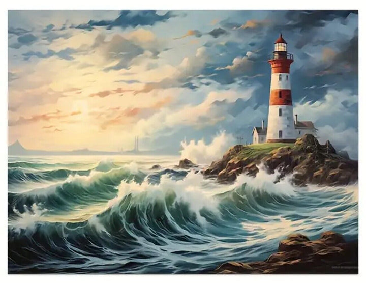 Lighthouse Overlooking Crashing Waves In The Ocean Canvas Print Framed 12" x 16" Home & Garden:Home Décor:Posters & Prints Cozy Home Treasures   