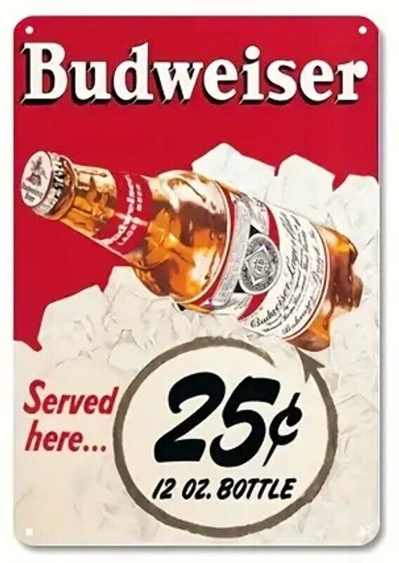 Budweiser Beer Served Here 25 Cents Vintage Novelty Metal Sign 12" x 8" Wall Art Home & Garden:Home Décor:Plaques & Signs Cozy Home Treasures   