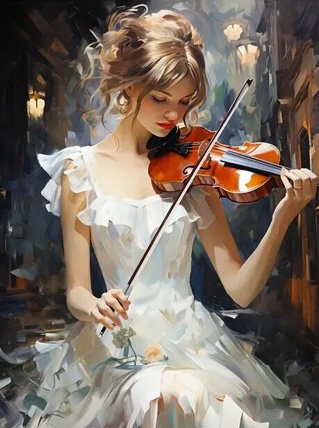 Beautiful Violin Player In White Dress Canvas Art Print 15.7" X 23.6" New! Art:Art Prints Cozy Home Treasures   