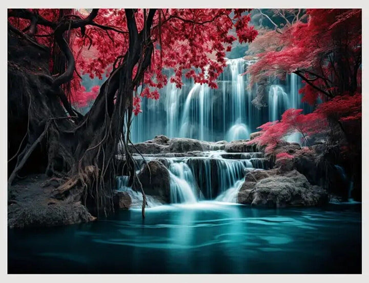 Red Trees Lining Waterfall & Stream Vibrant Canvas Print Framed 12" x 16" NEW! Home & Garden:Home Décor:Posters & Prints Cozy Home Treasures   