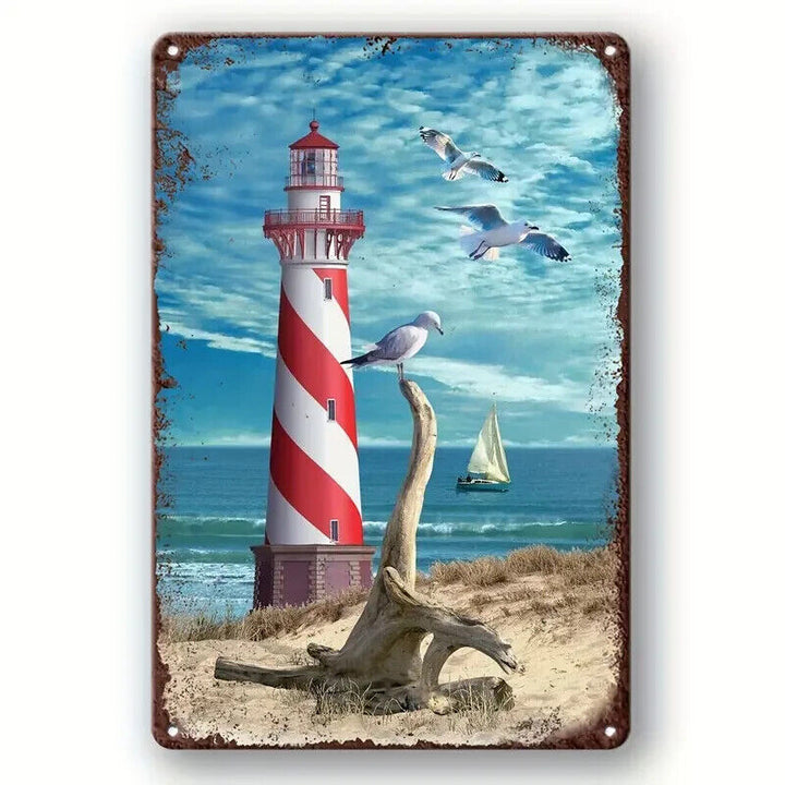 Lighthouse Seascape With Sailboat Vintage Novelty Metal Sign 12" x 8" Wall Art Home & Garden:Home Décor:Plaques & Signs Cozy Home Treasures   