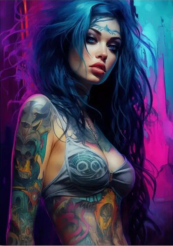 Stunning Tattoo Girl With Blue Hair  Artistic Canvas Print 16" x 24" Beautiful! Home & Garden:Home Décor:Posters & Prints Cozy Home Treasures   