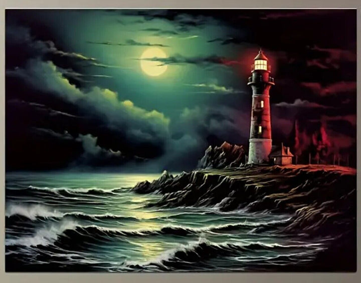 Lighthouse Overlooking Ocean In Dark Moonlight Canvas Print Framed 12" x 16" Home & Garden:Home Décor:Posters & Prints Cozy Home Treasures   