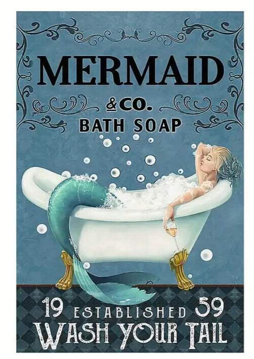 Mermaid & Co. Bath Soap "Wash Your Tail" Novelty Metal Sign 12" x 8" Wall Art Home & Garden:Home Décor:Plaques & Signs Cozy Home Treasures   