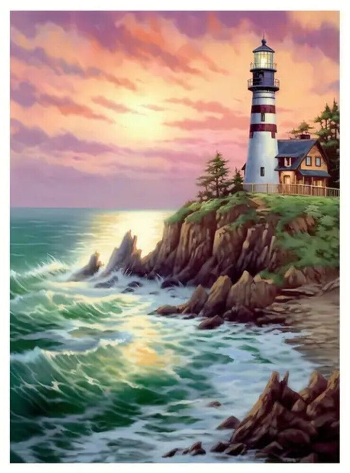 Lighthouse Overlooking The Ocean  In The Sunset Canvas Print Framed 12" x 16" Home & Garden:Home Décor:Posters & Prints Cozy Home Treasures   