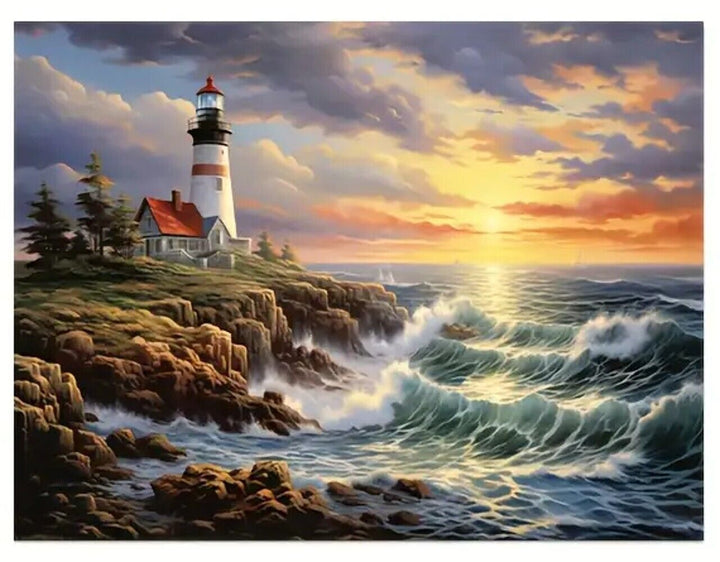 Lighthouse Overlooking An Ocean Sunset Canvas Print Framed 12" x 16" Home & Garden:Home Décor:Posters & Prints Cozy Home Treasures   