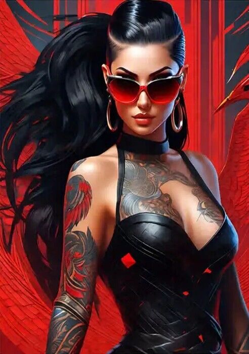 Stunning Tattoo Girl With Red Glasses Artistic Canvas Print 12" X 16" Art:Art Prints Cozy Home Treasures   