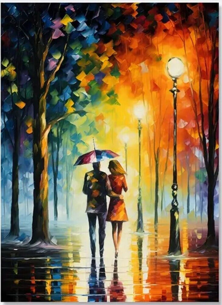 Couple Sharing One Umbrella Vibrant Canvas Print Framed 12" x 16" NEW! Home & Garden:Home Décor:Posters & Prints Cozy Home Treasures   