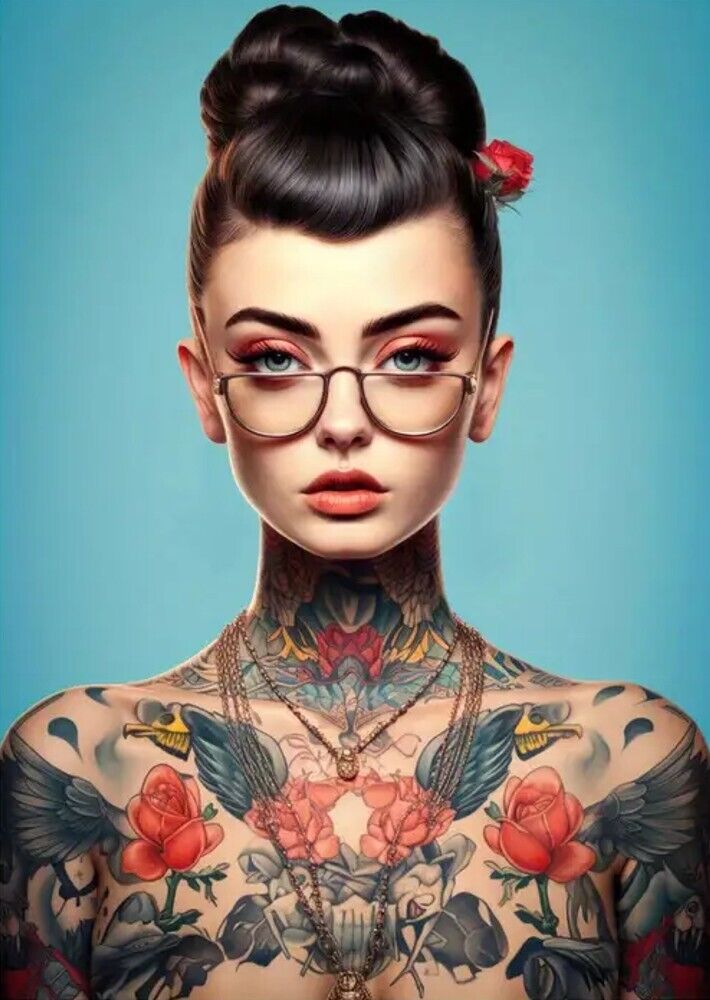 Stunning Tattoo Model With Glasses Artistic Canvas Print 12" X 16" Art:Art Prints Cozy Home Treasures   