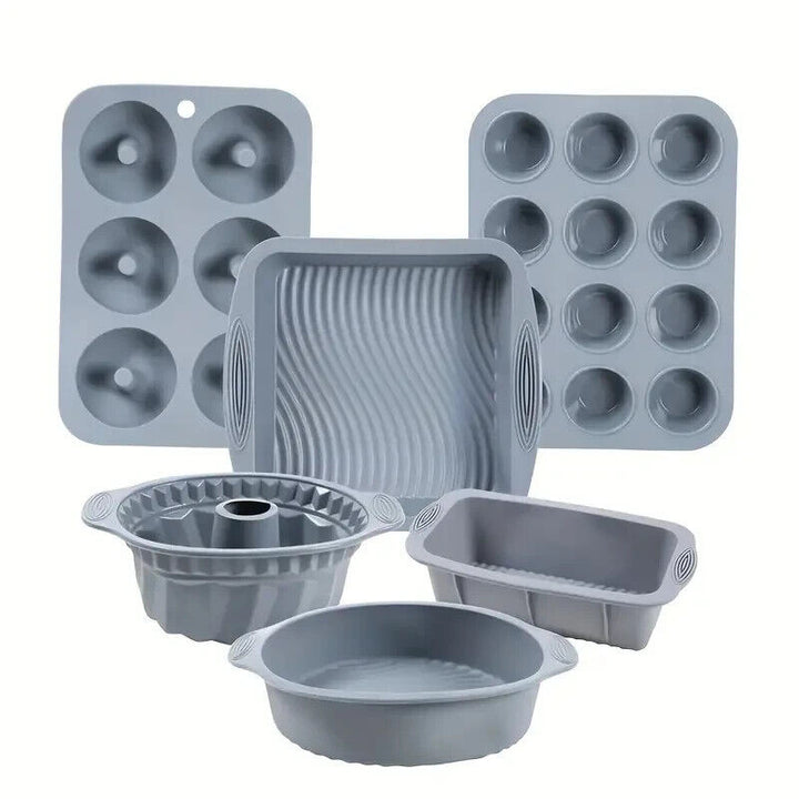 Six Piece Gray Silicone Baking Set, Cake Pans, Muffin Pan, Loaf Pan, Donut Mold Home & Garden:Kitchen, Dining & Bar:Bakeware:Cake Pans Cozy Home Treasures   