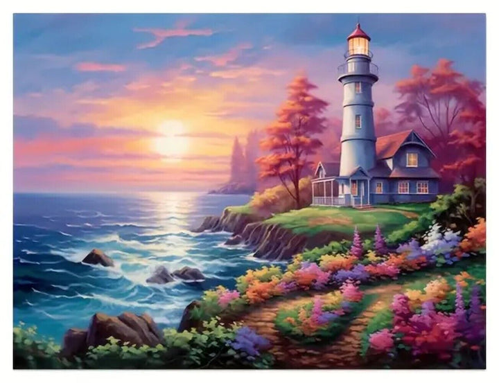 Lighthouse Overlooking Ocean With Flower Prairie Canvas Print Framed 12" x 16" Home & Garden:Home Décor:Posters & Prints Cozy Home Treasures   