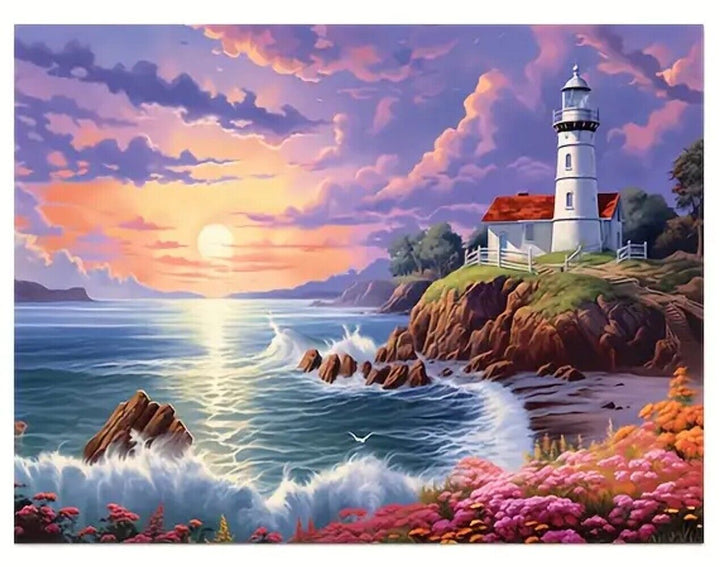 Lighthouse Overlooking Ocean With Beautiful Coast Canvas Print Framed 12" x 16" Home & Garden:Home Décor:Posters & Prints Cozy Home Treasures   