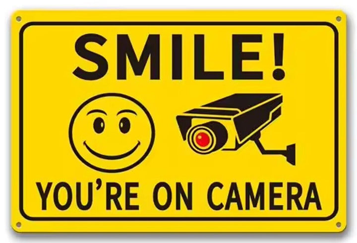 Smile You're On Camera Yellow Security Metal Sign 12" x 8" Wall Art Home & Garden:Home Décor:Plaques & Signs Cozy Home Treasures   