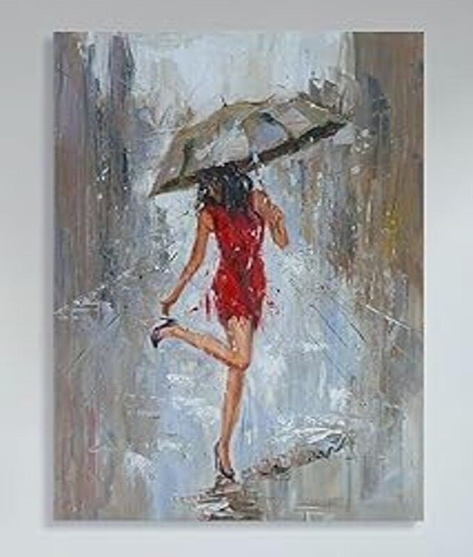 Woman In Red Dress Dancing In Rain Under Umbrella Canvas Print Framed 12" x 16" Home & Garden:Home Décor:Posters & Prints Cozy Home Treasures   