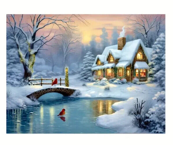 Lighted Cottage Along A Stream Winter  Canvas Print Framed 16" x 24" Wall Art  Cozy Home Treasures   