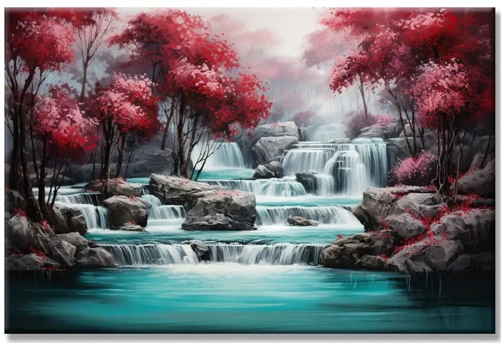 Red Trees Lining Blue Waterfall Vibrant Canvas Print Framed 12" x 16" NEW! Home & Garden:Home Décor:Posters & Prints Cozy Home Treasures   