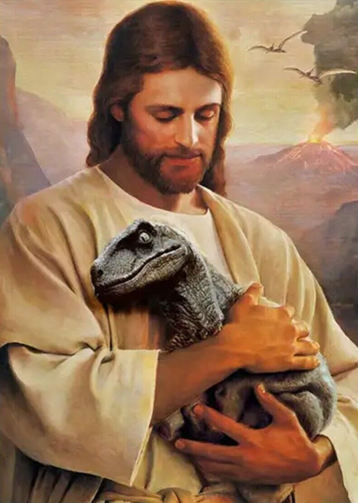 Jesus Holding A Baby Dinosaur Canvas Print 11.8" x 16.5" NEW! Home & Garden:Home Décor:Posters & Prints Cozy Home Treasures   