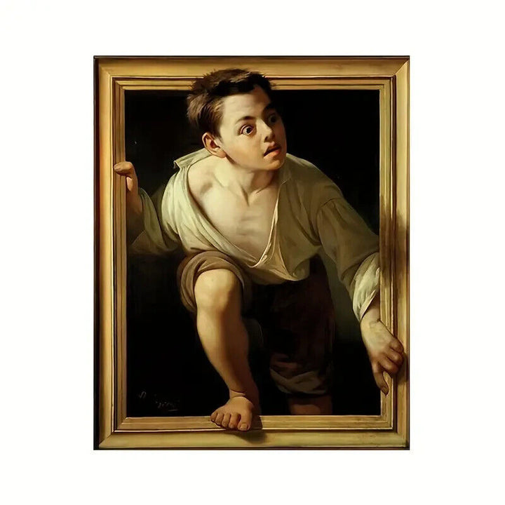 Pere Borrell del Caso Boy Stepping Out Of Picture Frame Canvas Print 12" X 16" Art:Art Prints Cozy Home Treasures   