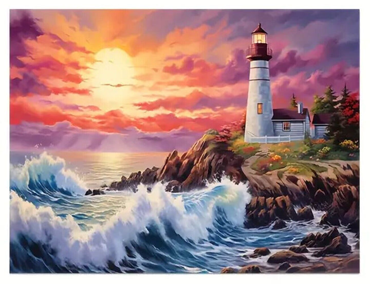 Lighthouse Overlooking Ocean With Crashing Waves Canvas Print Framed 12" x 16" Home & Garden:Home Décor:Posters & Prints Cozy Home Treasures   