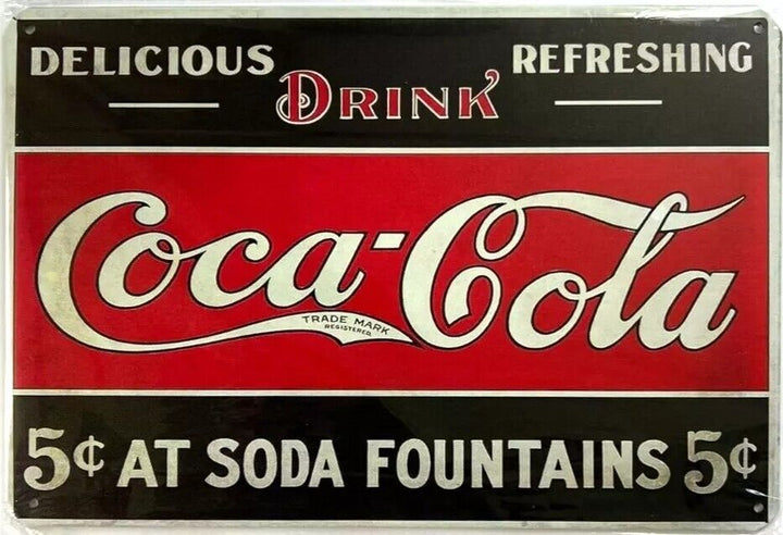 Coca-Cola 5 Cents At Soda Fountains Vintage Novelty Metal Sign 12" x 8" Wall Art Home & Garden:Home Décor:Plaques & Signs Cozy Home Treasures   