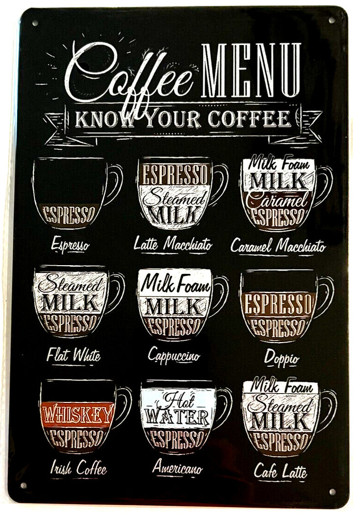 Coffee Menu Know Your Coffee 8" x 12" Novelty Metal Sign Home & Garden:Home Décor:Plaques & Signs Cozy Home Treasures   