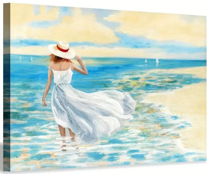 Beautiful Woman Walking By The Ocean Canvas Print Framed 11.8" x 15.7" Wall Art Home & Garden:Home Décor:Posters & Prints Creative Canvas Shop   