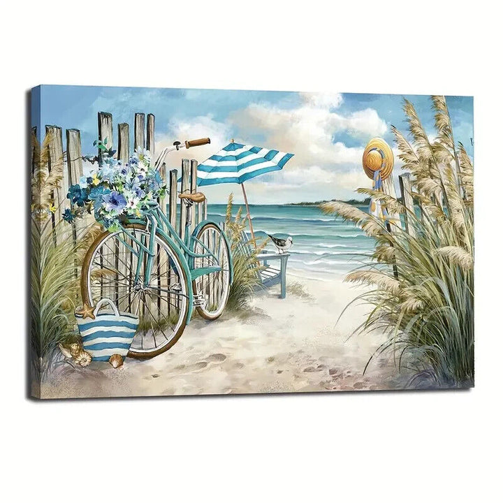 Scenic Beach View With Bicycle & Flowers Canvas Print Framed 16" x 24" Wall Art  Cozy Home Treasures   