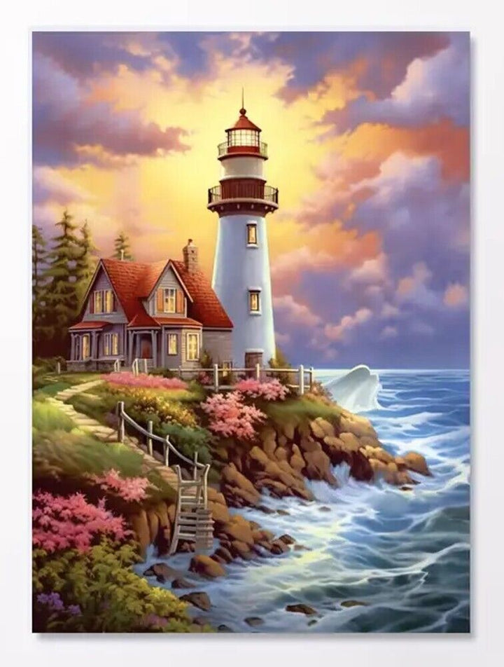 Lighthouse Overlooking The Ocean Vibrant Canvas Print Framed 12" x 16" Home & Garden:Home Décor:Posters & Prints Cozy Home Treasures   