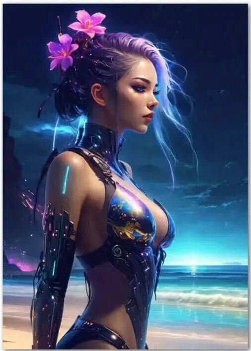 Floral Cyberpunk Girl Stunning Artistic Canvas Print 16" x 24" Beautiful! Home & Garden:Home Décor:Posters & Prints Cozy Home Treasures   