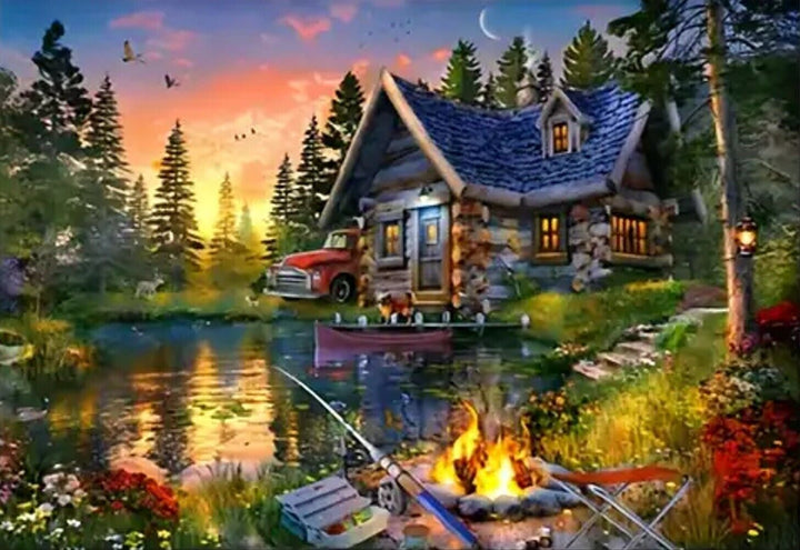 Colorful Cabin Campground With Campfire Canvas Art Print 15.7" x 23.6" NEW! Home & Garden:Home Décor:Posters & Prints Classic Print Gallery   