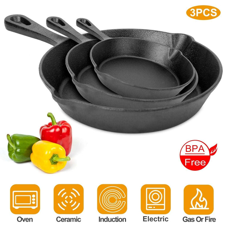 3Pcs Pre-Seasoned Cast Iron Skillet Set 6/8/10in Non-Stick Oven Safe Cookware Heat-Resistant Frying Pan  Cozy Home Treasures   