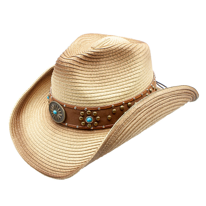 Cris Straw Brim Faux Leather Band Cowboy Western Drifter Hat  Doba Default  