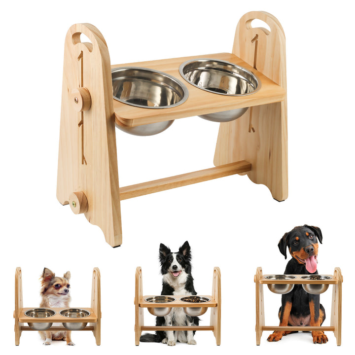 Elevated Dog Bowls for Medium Large Sized Dogs, Adjustable Heights Raised Dog Feeder Bowl with Stand for Food & Water  Doba Wood  