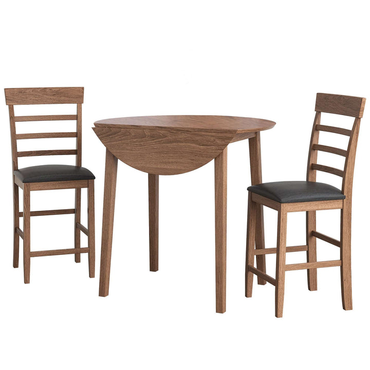 3PCS Retro Round Counter Height Drop-Leaf Table with 2 Upholstered Chairs Rubber wood Dining Table Set Pub Set  Doba as Pic  