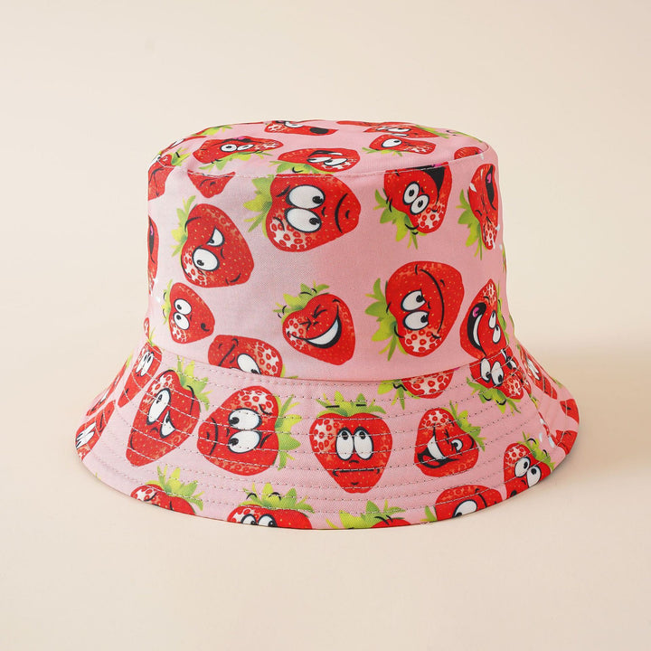 Cartoon strawberry pattern fisherman hat trendy double-sided wear creative basin hat cover face breathable cap sunscreen sunshade hat  Doba Pink  