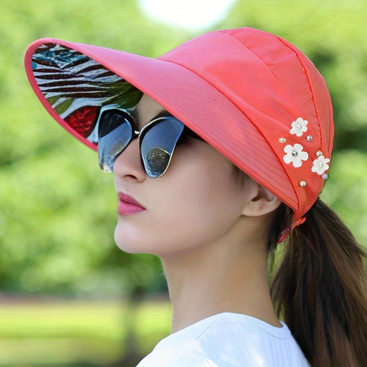 Wide Brim Sun Visor Foldable Picnic Hat Beach UV Protection Scallop Cap For Outdoor With Faux Pearl & Flower; Women's Hat & Caps  Doba 6# Watermelon Red  