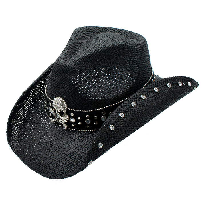 Crystal Straw 3.5 Inch Brim Skull Studded Cowboy Drifter Hat  Doba Default  