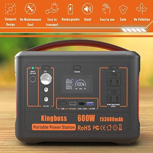 Portable Power Station 110V/600W 568Wh Lithium Battery Pure Sine Wave AC Outlet DC USB Solar Generator Supply for Emergency Outdoor Travel Camping Fishing Hunting CPAP  Doba Orange  