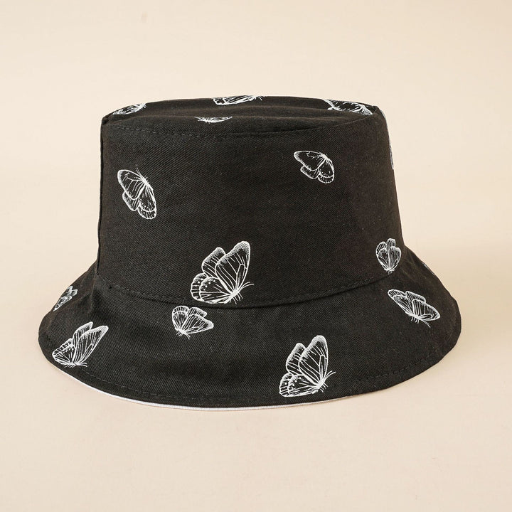 New butterfly print fisherman hat female summer Korean version fashion double-sided pot hat sun hat tide  Doba White  