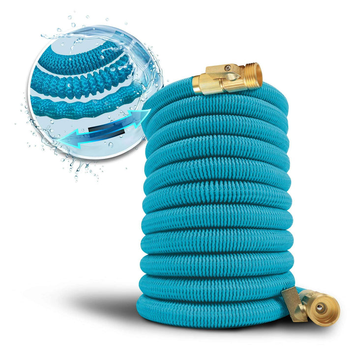 Aqua Joe Kink-Free 50-Foot Expandable Garden Hoses W/ Heavy-Duty Brass Valve & Flow Control Shut-off, 5/8-inch (Light Blue)  Doba Aqua Joe  